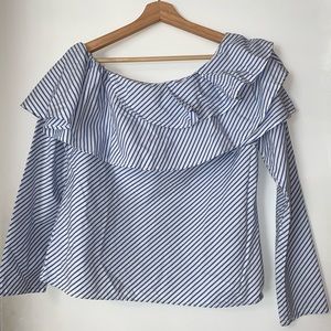 GAP Blue and White Striped Asymmetrical Ruffle One Shoulder Blouse - Size S